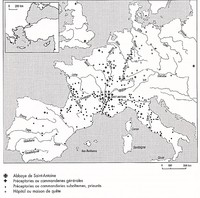 Carte des implantations, en France, des Maisons antonines (Commanderies générales, subalternes, Prieurés, hôpitaux) René Lacour, Conservateur en chef, directeur des archives du Rhône - 1973 (ADR - série 49H)